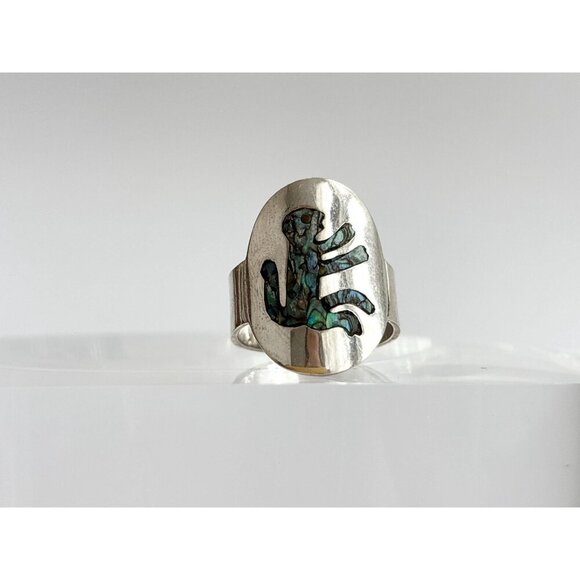RARE Taxco Mexico Monkey Abalone Inlaid 925 Sterling Silver Vintage Ring - sz 8 - Picture 3 of 14